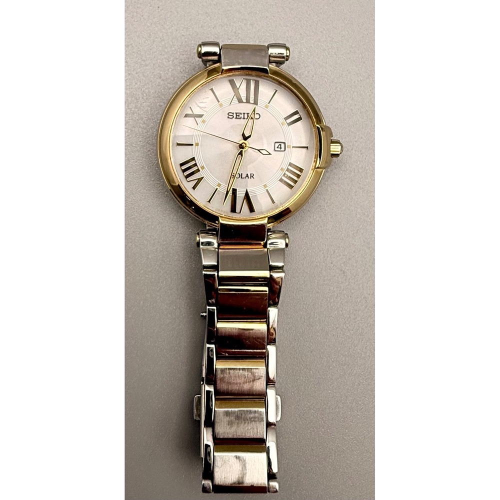 Seiko Solar Women's Two Tone Watch V117-0CF0 Roman Numeral Date Bracelet - Picture 5 of 11